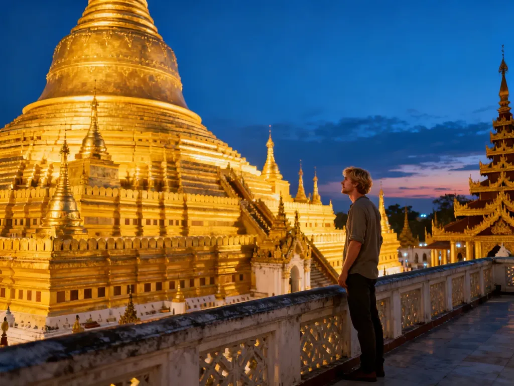 Mężczyzna podziwiający oświetloną złotą pagodę Shwedagon w Mjanmie podczas zachodu słońca.