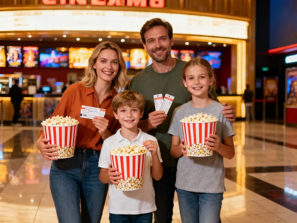 Szczęśliwa czteroosobowa rodzina z biletami i popcornem w nowoczesnym holu kina, gotowa na wspólny seans.