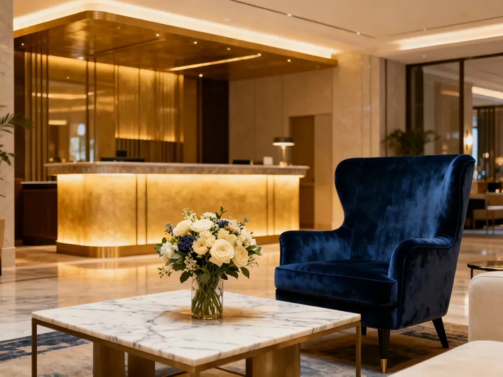 Eleganckie lobby hotelu butikowego z aksamitnym fotelem, marmurowym stolikiem i stylową recepcją w ciepłym oświetleniu.