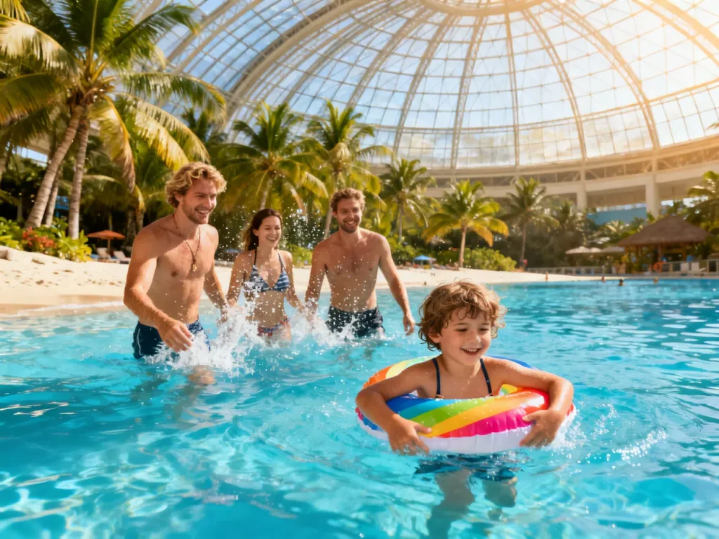 Szczęśliwa rodzina bawiąca się w basenie w Tropical Islands pod szklaną kopułą z palmami w tle.